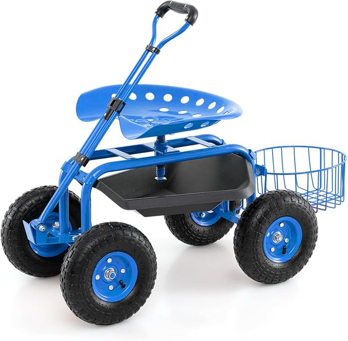IRONMAX Garden Cart with Seat, Gardening Rolling Stool Scooter with 10’’ All-Terrain Wheels, Adjustable Steering Handle, Tool Tray and Basket, Outdoor Work Seat for Planting (Blue)