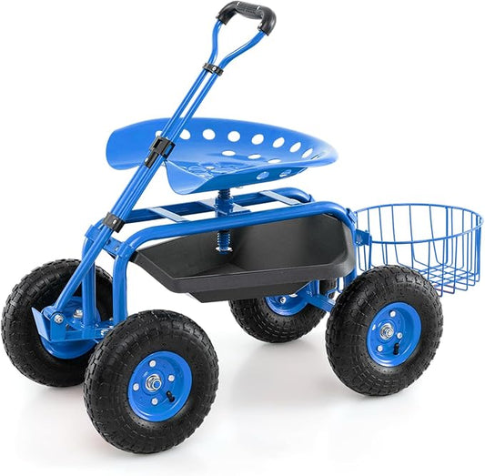 IRONMAX Garden Cart with Seat, Gardening Rolling Stool Scooter with 10’’ All-Terrain Wheels, Adjustable Steering Handle, Tool Tray and Basket, Outdoor Work Seat for Planting (Blue)