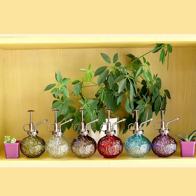 Hniuyun Glass Plant Mister Spray Bottle, 6.5inch Tall Vintage Round Spritzer with Bronze Plastic Top Pump for Watering Your Garden (Clear)