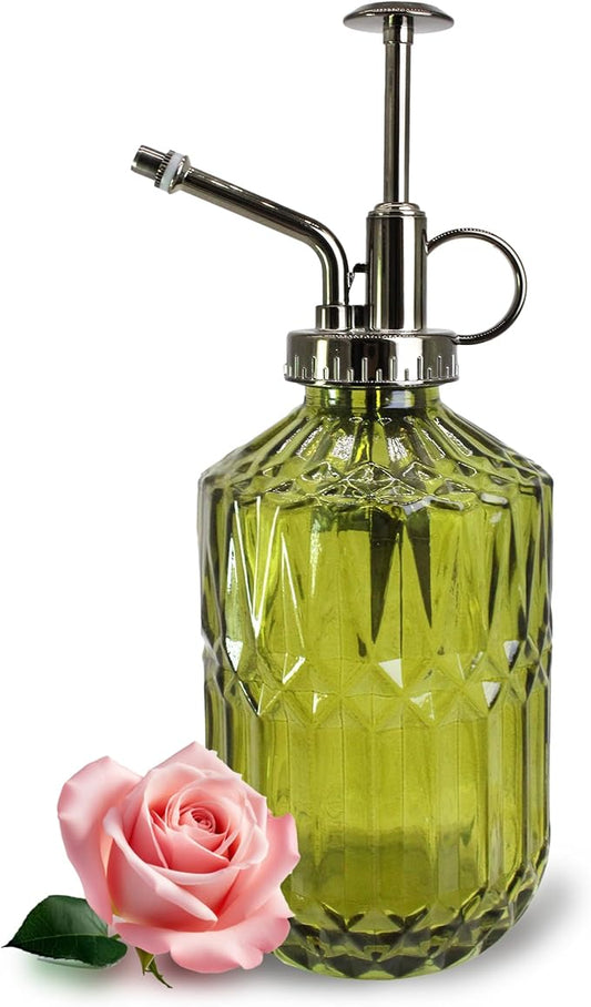 Glass Plant Mister Spray Bottle, 400ML Vintage Plant Spritzer with Top Pump Watering Can for Indoor Outdoor House Plants, Flowers (Green)
