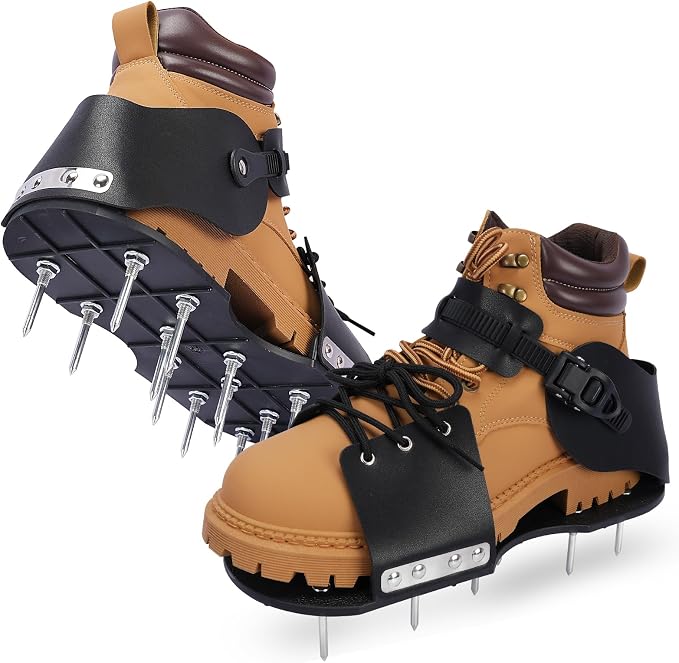 HFH Heavy Duty Lawn Aerator Shoes with Upgraded Ratcheting Buckles | Indestructible nylon soles with 1.75 in spikes. Quick-lock ratcheting buckles ensure an upgraded no-slip secure fit.