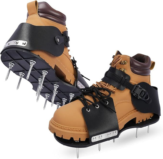 HFH Heavy Duty Lawn Aerator Shoes with Upgraded Ratcheting Buckles | Indestructible nylon soles with 1.75 in spikes. Quick-lock ratcheting buckles ensure an upgraded no-slip secure fit.
