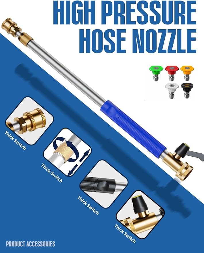 Upgraded Jet Nozzle Power Washer Wand Hose Nozzle, Adjustable Hydro Nozzle Wands 18-33", Jet High Pressure Garden Hose Sprayer with 5 Different Nozzles for Gutter, Garden, Patio, Floor & Car, Blue