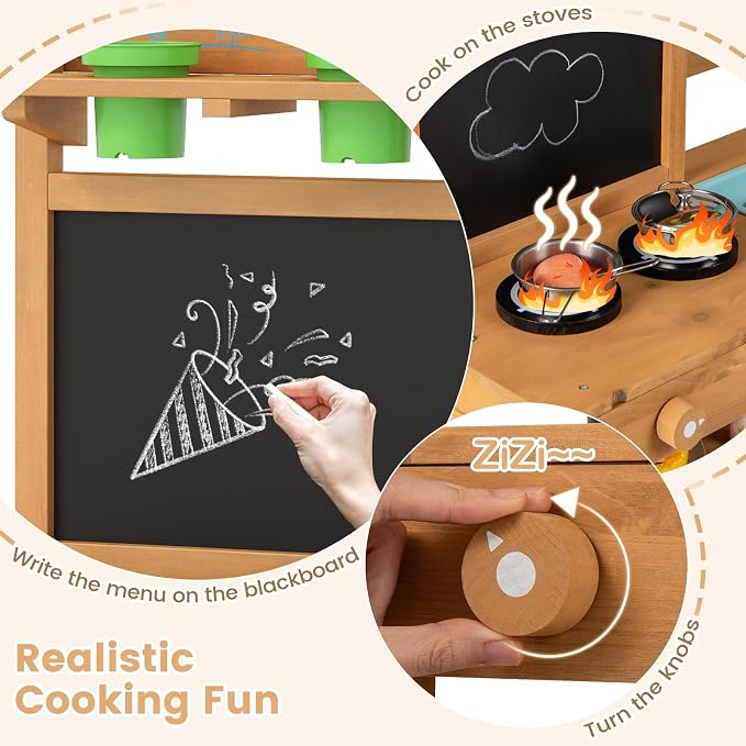 Costzon Mud Kitchen, Toddler Wooden Pretend Playset w/Faucet, Pots, Removable Sinks, Chalkboard, Stovetops & Planting Accessories, Mud Kitchen for Kids Outdoor, Garden, Backyard, Girls & Boys 3+