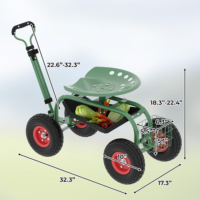 Garden Rolling Stool with Wheels – Outdoor Garden Chair for Patio and Lawn - 360° Swivel Seat Gardening Cart with Tool Tray & Steering Handle for Easy Planting and Yard Work