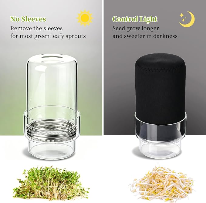 Sprouting Kit, 2 Wide Mouth Sprouting Jar with Stainless Steel Screen Sprout Lids, Blackout Sleeves, Drain Cover, Sprouts Growing Kit for Broccoli, Mung Beans, Alfalfa & Microgreens