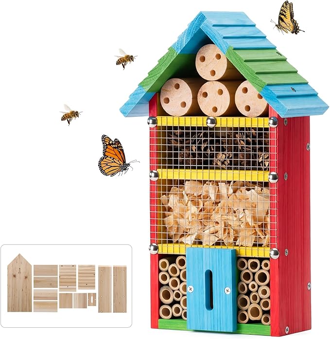 DIY Wooden Insect House Kit for Kids & Adults - Build Your Own Bug Hotel with Paint Set & Tools, Wood Craft Kits for Mason Bees, Ladybugs, Butterflies & Lacewings