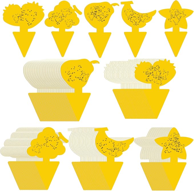 Qualirey 200 Sheets Fruit Fly Sticky Traps for Fruit Fly Gnat Trap for House Indoors Sticky Traps Catcher for Gnats Fungus Gnats Mosquito Catcher for Kitchen Outdoor Plants (Cute Style, Yellow)