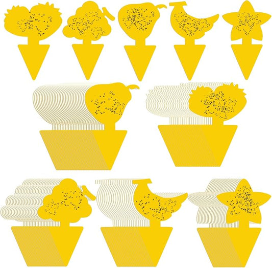Qualirey 200 Sheets Fruit Fly Sticky Traps for Fruit Fly Gnat Trap for House Indoors Sticky Traps Catcher for Gnats Fungus Gnats Mosquito Catcher for Kitchen Outdoor Plants (Cute Style, Yellow)