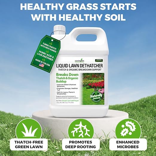 Covington Liquid Lawn Dethatcher (1 Gal) – Liquid Aerator Concentrate & Humic Thatch Remover, Soil Softener & Grass Thatch Buster for Lawns & Gardens – Kids & Pet Safe, Made in USA
