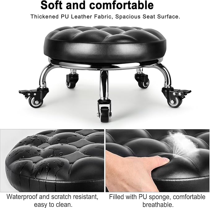 FLOLXNB Low Rolling Stool, Low Stool with Wheels, PU Leather Low Roller Seat Chair, Rolling Seat Stool for Home Office Garage Shop (Style 1)