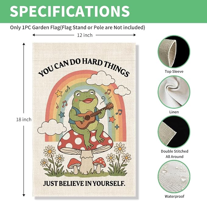 Perfectinsoy You Can Do Hard Things Just Believe in Yourself Funny Garden Flag, Positive Frog Flags, Inspirational Quote Feminist Gifts for Women Music Lovers, Welcome Home Farmhouse Outdoor Decor