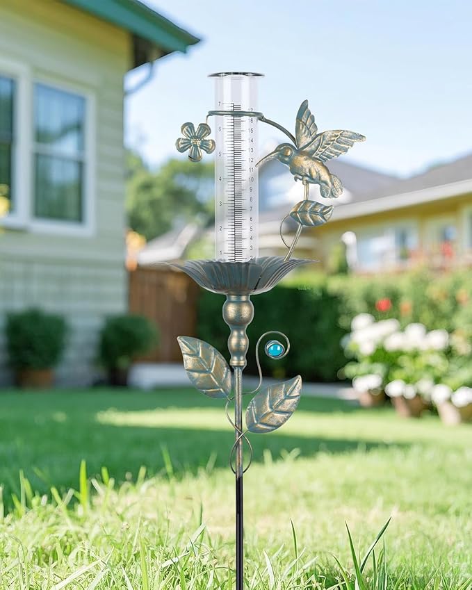 shumi Rain Gauge Outdoor Hummingbird, Upgraded Glass Rain Gauge Outdoors Best Rated, Freeze Proof Adjustable Height Rain Gauges for Yard Garden Decor, Gardening Gifts for Women