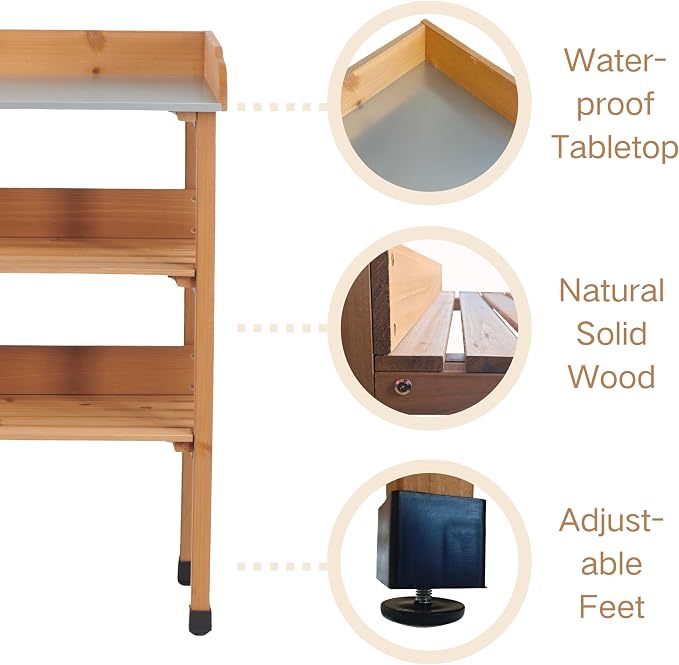 Potting Table and Outdoor Workbench, 30x14.5x35.5 Inch with Metal Top, 3 Tiers and Hooks, Solid Wood Garden Workstation for Garage