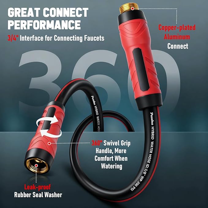 Garden Hose 50ft x 5/8", NON-EXPANDABLE Heavy Duty Premium Flexible Water Hose with 10 Function Spray Nozzle, No Kink, Leakproof, Lightweight Hybrid Hose with Swivel Handle, Male to Female Fittings