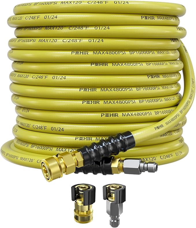 POHIR 50ft Pressure Washer Hose 3/8" 4800 PSI, Power Washer Hose with 3/8 Quick Connect, Hot & Cold Water Hose Max 248°F, Commercial Industrial Grade Steel Wire Braided Kink Proof Extension Hose