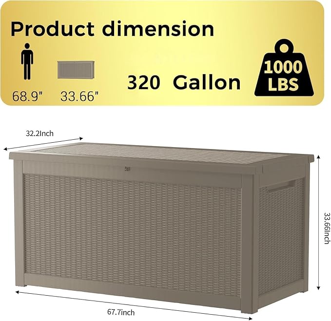 TARKARI 320 Gallon Outdoor Storage Box Waterproof, Resin Deck Boxes with Lockable Lid & UV-Resistant for Patio, Pool, Garden Furniture Cushions & Accessories, Coffee