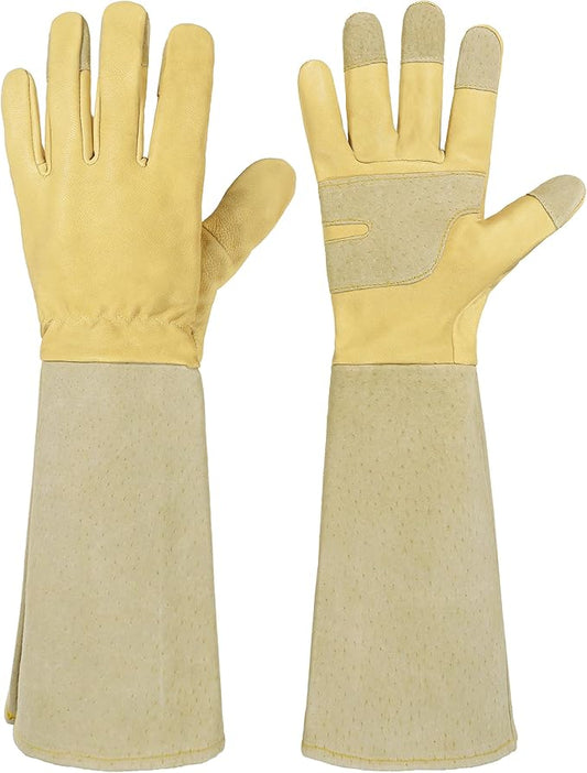 HANDLANDY Rose Pruning Gardening Gloves for Men Women, Thorn Proof Forearm Protection Leather Garden Gloves, Gardening Gifts for Gardeners (Vanilla, Large)