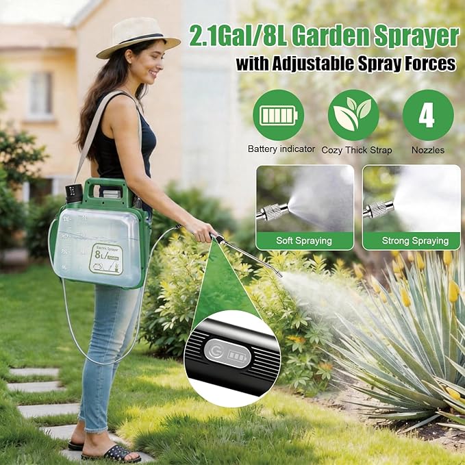 2 Gallon Electric Garden Sprayer, 7.4V Battery Powered Sprayer with USB Rechargeable Handle, Telescopic Wand, 4 Adjustable Nozzles, Battery Indicator, Shoulder Strap for Lawn, Plant Watering & Yard
