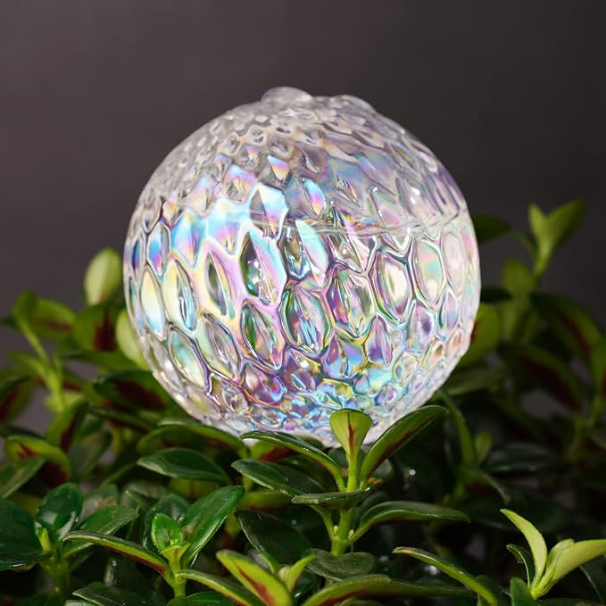 Tomorotec Glass Plant Self Watering Globes 2-Pack Pearl Luster Clear Iridescent Plant Watering Devices, Diamond Indent Pattern Self Watering Bulbs Planter Insert Decorative Vacation Watering Spikes