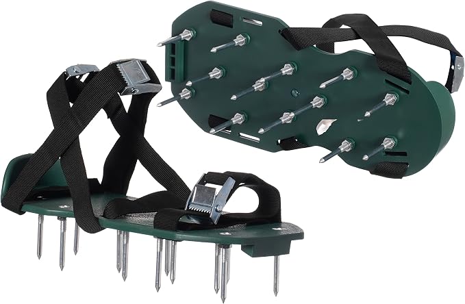 Lawn and Garden Aerator Spike Shoe with 3 Metal Buckle Straps, Green Spiked Sandal