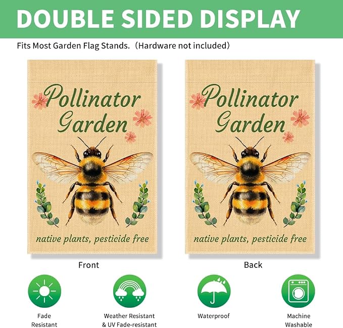 Perfectinsoy Pollinator Garden with Native Plants Pesticide Free Garden Flag, No Mow Sign, Pollinator Friendly Garden Sign, Welcome Yard Farmhouse Spring Outdoors Decor, Bee Lover Gifts for Gardeners