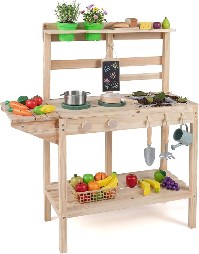 HONEY JOY Mud Kitchen, Fir Wood Mud Table Potting Bench for Kids Outdoor, Chalkboard, Flowerpots, Montessori Outdoor Play Kitchen for Toddlers, Children Backyard Furniture for Garden Patio, Natural