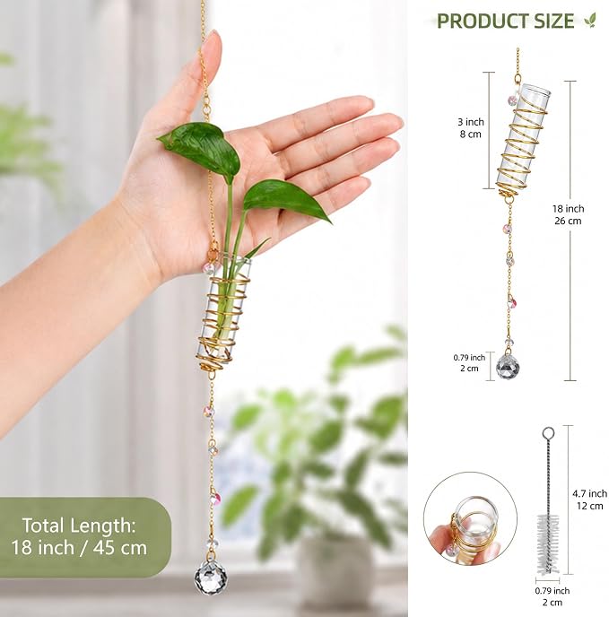 H&D HYALINE & DORA 6 Pcs Hanging Propagation Station with Crystal Ball Prisms Suncatcher and Cleaning Brush, Glass Wall Vases Crystals Prism Hanging Decor for Windows Home Wedding Decoration(Golden)