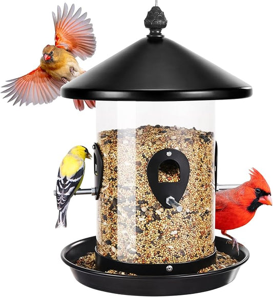 Kingsyard 4.5-Cups Large Metal Bird Feeders for Outdoors Hanging with 8 Ports, Tube Bird Feeder with Seed Tray, Weatherproof Chew Proof Roof for Cardinal Finch, Black