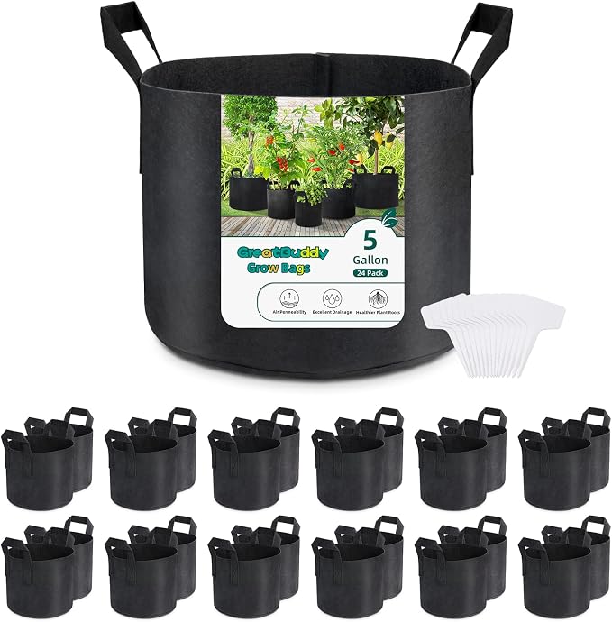 GreatBuddy Grow Bags 5 Gallon 24-Pack, Heavy Duty Fabric Grow Bags with Handles for Vegetables, Herbs, and Tomatoes, Fabric Pots & Planting Bags for Outdoor Home Gardening