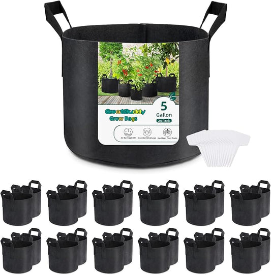 GreatBuddy Grow Bags 5 Gallon 24-Pack, Heavy Duty Fabric Grow Bags with Handles for Vegetables, Herbs, and Tomatoes, Fabric Pots & Planting Bags for Outdoor Home Gardening