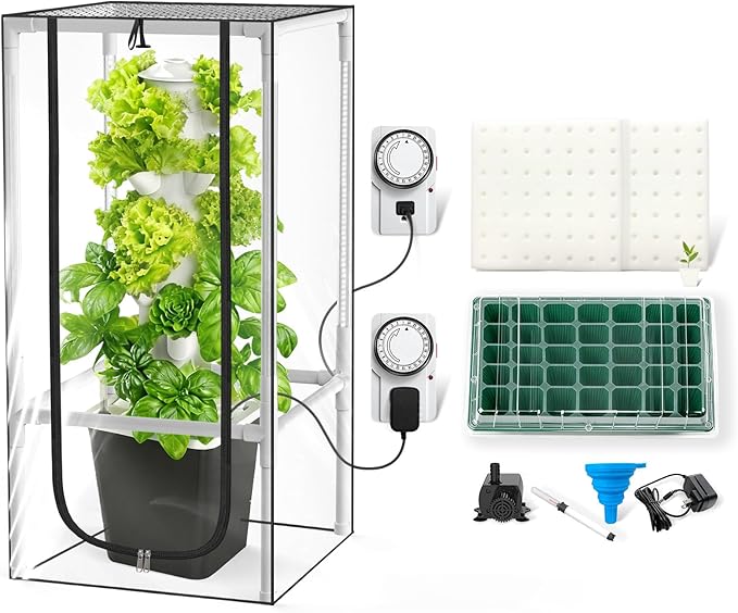 JESLED Hydroponic Tower with 5000K Full-Spectrum Grow Lights, 30 Pods Vertical 6 Tiers Hydroponic Tower, Auto Watering & Lighting for Indoor Herbs, Fruits and Vegetables, High 37"