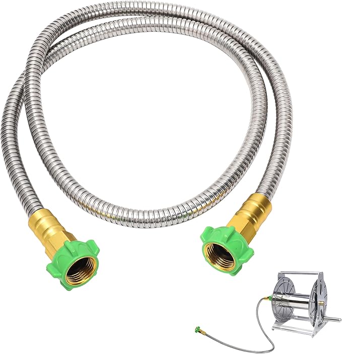 5FT Short Garden Hose Female to Female – Stainless Steel Leader Hose for Hose Reel, Kink-Free Flexible Metal Water Hose, Leakproof Durable Designy for Outdoor Garden, Pet Washing, Car