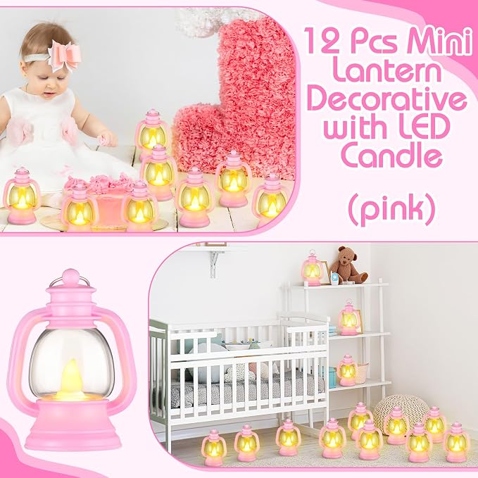 Ferraycle 12 Pcs Mini Lantern Decor 4 Inch Western Lantern Table Centerpiece Small Vintage Camping Hanging Lamp Ornaments Bulk for Cowboy Cowgirl Wedding Halloween Christmas (4 Inch,Pink)