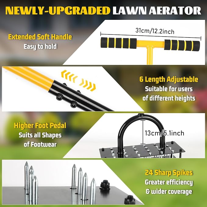 Lawn Aerator Tool with 24 Steel Spikes, Grass Aerator Lawn Tools with Spring-Loaded Design & Adjustable T-Handle, Pre-Assembled Hand Aerator Lawn Tool for Lawn, Courtyard and Garden