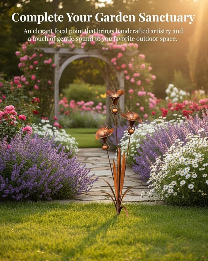 2026 Flamed Copper Three Calla Lilies Garden Stake with Bells, Rain Catcher Flower Handmade 24inch Large Whimsical Metal Plant Sculpture Yard Art Decor, Rustic Wind Chime Ornament Gift