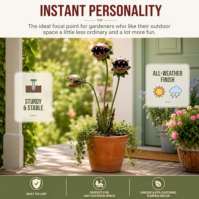 Whimsical Metal Carnivorous Plant Garden Stake, 25-Inch Large Venus Flytrap Monster Sculpture, Rust-Resistant Outdoor Yard Art Decor for Patios, Flower Beds, Lawn, Planters & Quirky Garden Gift