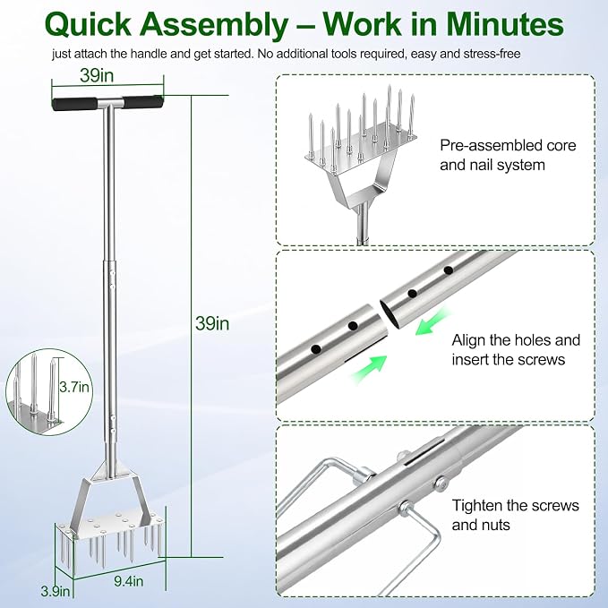 Lawn Aerator Tool, Heavy-Dut Stainless Steel Lawn Spike Aerator for Compact Soil Relief, Deep Root Aeration, Triangular Welded Base, 39.3" Long Handle for Yard Garden Lawn Care