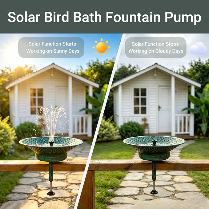 Deck Mounted Bird Bath for Outside, 12.6" Metal Solar Bird Bath with Fountain, Adjustable Railing Clamp for Balcony & Patio, Outdoor Birdbath for Garden Yard Decor