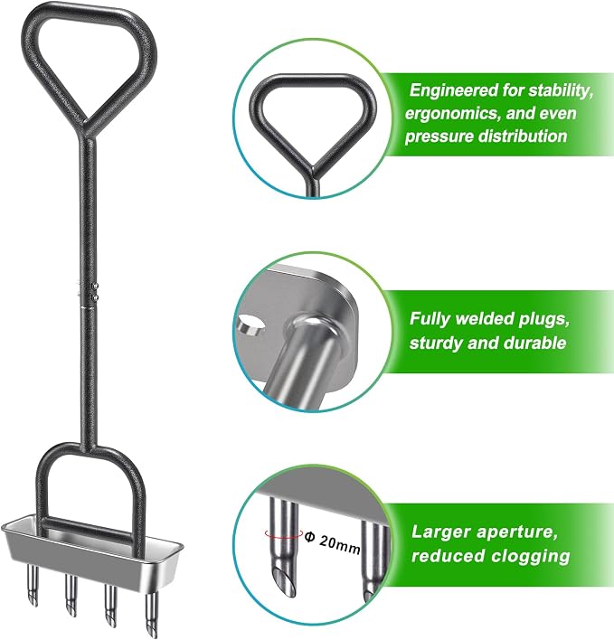 Dolibest Lawn Coring Aerator, Manual Lawn Aerator, 4 Stainless Steel Corer Plug Aerator with Triangular Handle, Pre-Assembled Manual Grass Aerating Tool & Storage Tray for Improving Lawn Health