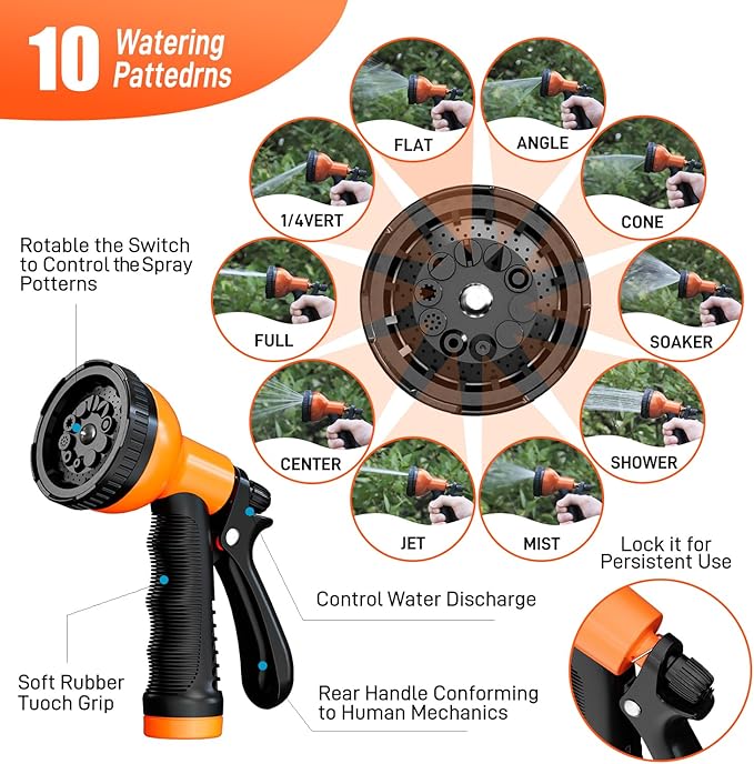 Besiter Garden Hose 50FT Stainless Steel Water Hose with 10 Functions Adjustable Spray Nozzle, Heavy-Duty Metal Garden Hose Flexible Durable No-Tangle & Kink Leak Dog Proof Hose for Yard Lawn(Orange)