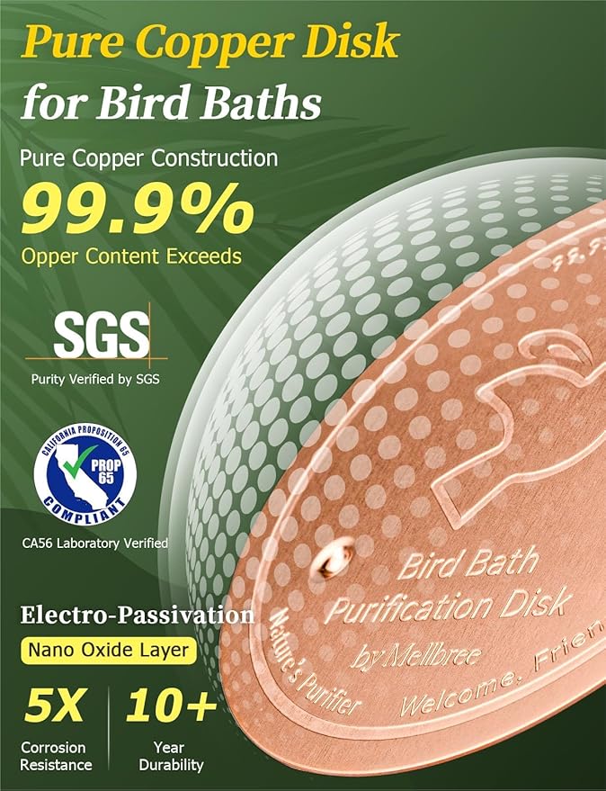 Mellbree 2-Pack Bird Bath Copper Disc, 0.6mm Reinforced 99.99% Pure Copper Cleaning Disk with Triple-Point Support for Physical Safe Clean Water All-Season, Universal Fit for Outdoor Birdbaths, Bowl