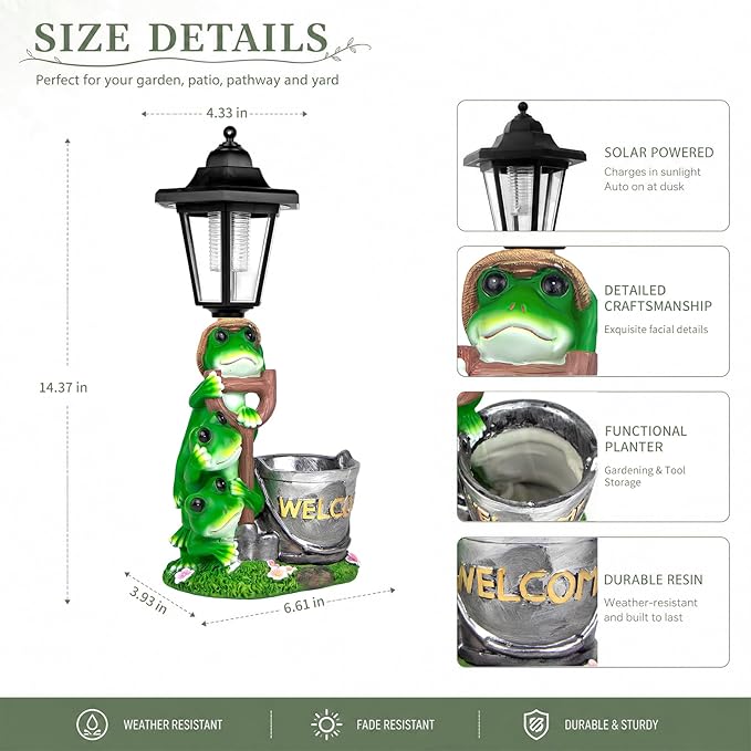 Solar Frog Garden Statue, Outdoor Decor with Flowerpot & Lantern Frog Figurine Lights for Yard Art Lawn Ornaments Porch Patio Balcony - Gifts for Housewarming Birthday
