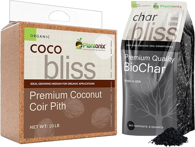 Coco Bliss (10lbs) + Char Bliss (8 Qts) - Coco Coir Brick & Organic Biochar for Plants - Organic Coco Coir for Plants - Biochar Soil Amendment - Charcoal for Plants - Garden Soil & Potting Soil Mix