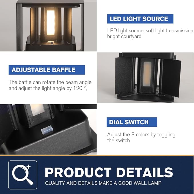 2 Pack LED 20W Outdoor Wall Lights Exterior/Interior 3 Colors Adjustable Wall Sconce Up and Down Light Porch Lights IP65 Waterproof Exterior Wall Sconce Modern Outdoor Lighting Square Aluminum Black