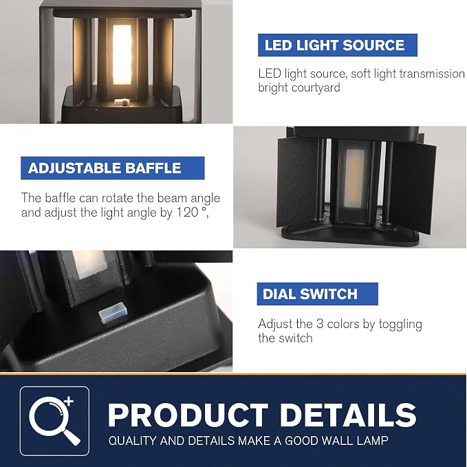 4 Pack LED Outdoor Wall Lights Exterior/Interior 3 Colors Adjustable 15W Wall Light Fixture IP65 Waterproof Porch Exterior Wall Sconce Modern Outdoor Lighting Square Aluminum Black Up and Down Lights