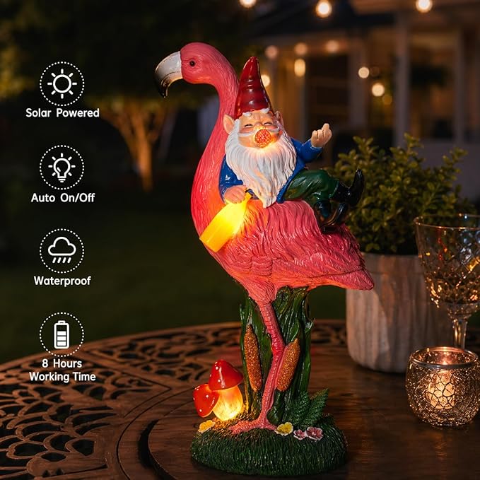 C&Y&G&X Middle Finger Gnome Riding Flamingo 13in, Funny Garden Statue Solar Powered Outdoor Yard Decor with LED Beer Bottle & Mushrooms, Waterproof Naughty Lawn Ornament Gag Gift for Patio, Porch