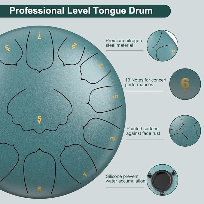D Major Steel Tongue Drum Handpan, 12 Inch 13 Note Rain Drum for Garden Outside, Meditation Rain Chime, Musical Percussion Instrument for Adult Gift with Bag, Music Book, Drum Mallets (Moss Blue)