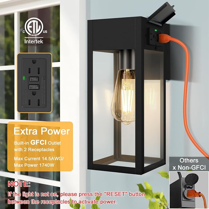 Porch Lights Outdoor Wall Sconce, Outdoor Light with GFCI Outlet, Waterproof Exterior Wall Lantern Light Fixtures, Anti-Rust Wall Lamp with Clear Glass for Patio Doorway Garage- Black, 1 Pack