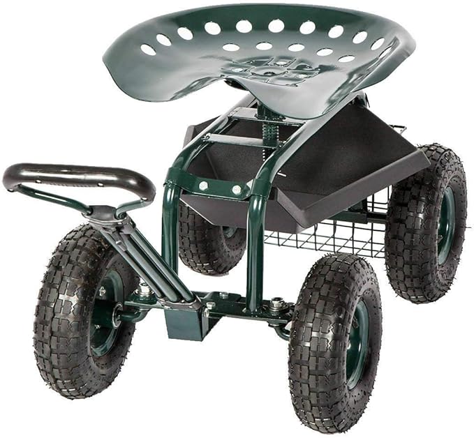 KINTNESS Rolling Garden Stool Cart Work Seat Heavy Duty Wagon Scooter with Extendable Steer Handle Swivel Seat & Utility Basket …
